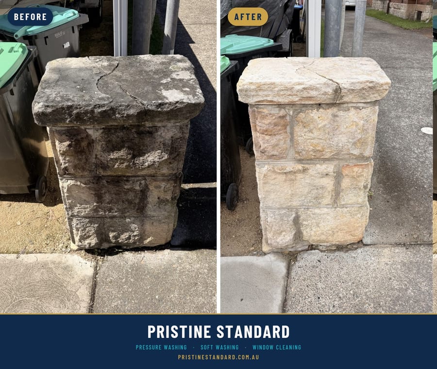 Sandstone Pillar before and after, Pristine Standard exterior cleaning, Northern Beaches Sydney