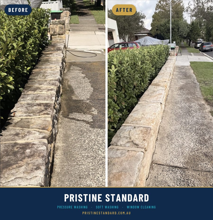 Sandstone Wall before and after, Pristine Standard exterior cleaning, Northern Beaches Sydney