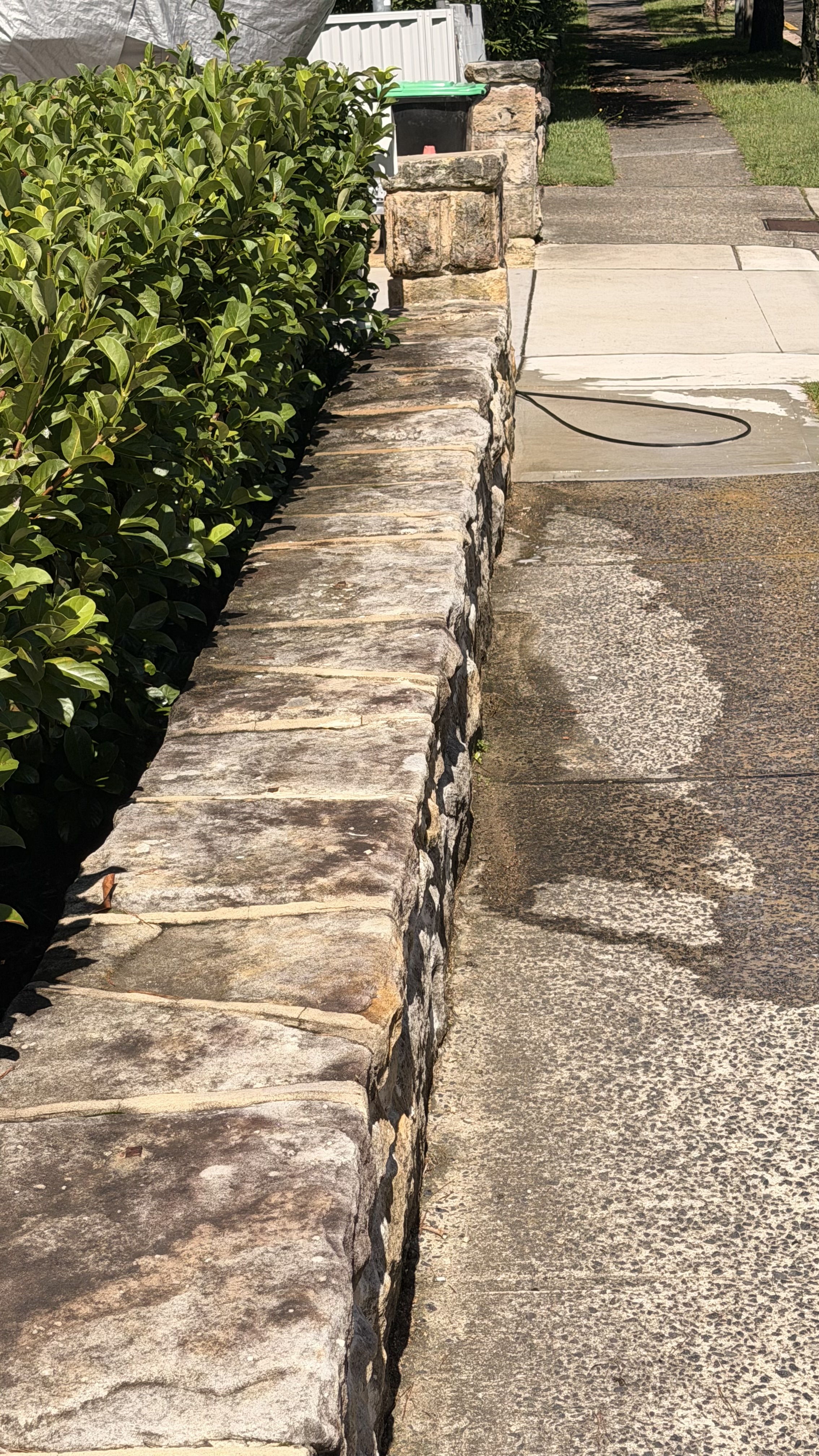 Sandstone wall and ground path stained with dirt and mould before soft washing